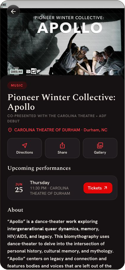 CultureForce: Mobile: event detail, dark theme