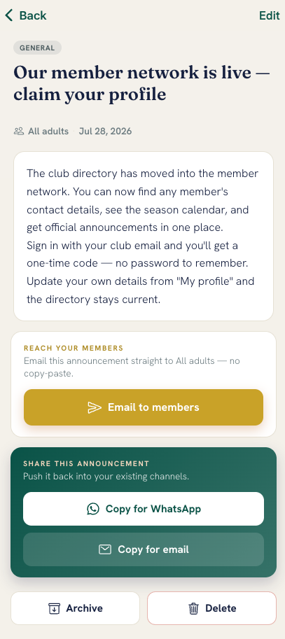 Connectista: Mobile: announcement with one-tap share to email & WhatsApp