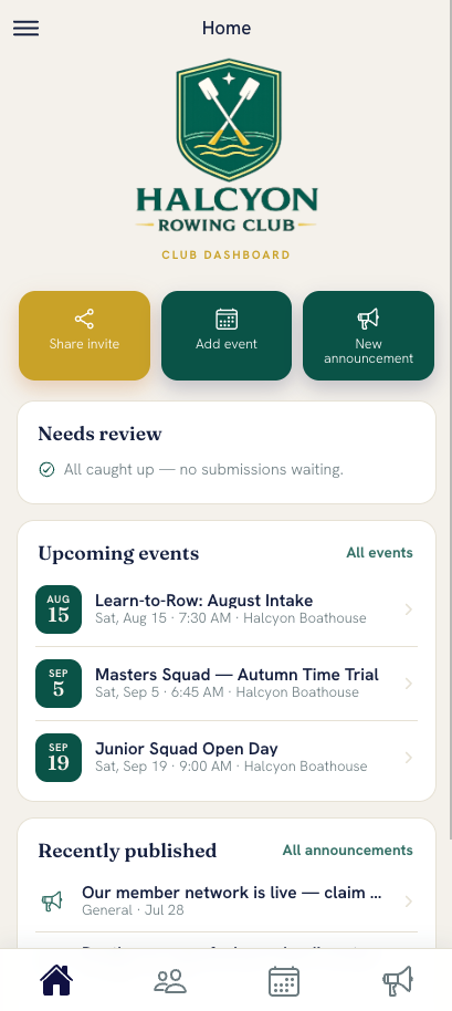Connectista: Mobile: club dashboard